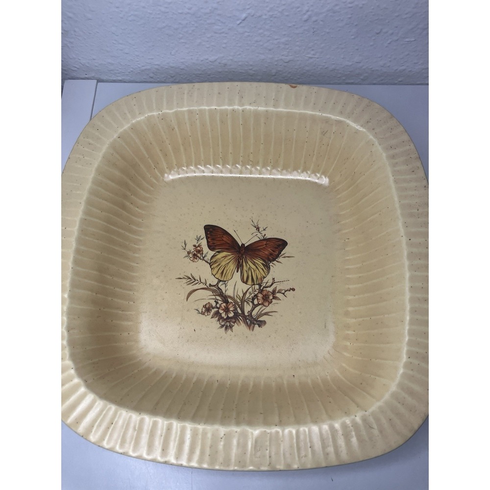 VTG 1970's Treasure Craft Baking Dish Pan Butterflies Butter Yellow 10" Square